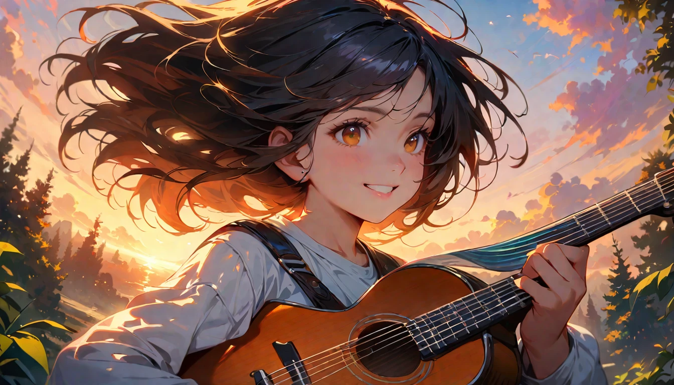 (Highest quality,4K,8k,High resolution,masterpiece:1.2),Very detailed,Realistic,Transparent guitar sculpture,sunset,Sunlight reflecting off a guitar,Body Details,Delicate strings,Vibrant color palette,Sculpting Tools,Hourglass Shape,Sound hole,Elegant Curves,Polished surface,Delicate carving,Light and shadow effects,Subtle reflection,Sparkling Surface,1 cowboy girl,8 year old child、Harmony between nature and art,Perfect craftsmanship,Transcendental beauty,Awe-inspiring works of art、Outdoor、Short Hair、White shirt、Great smile、Village surrounded by forest、The angle of view is upwards