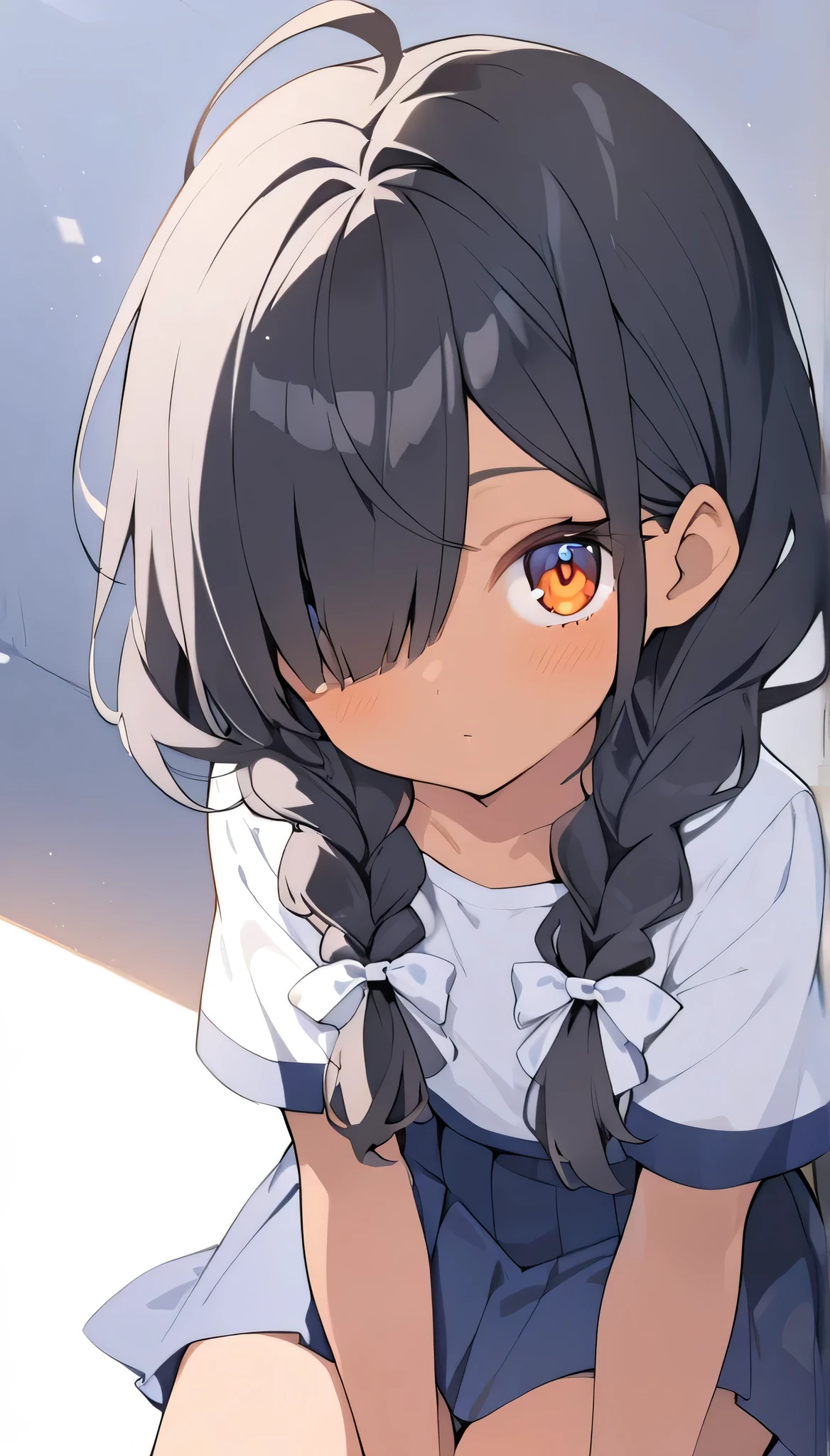 1girl, solo, a little tanned skin, white ribbons at the end of hair,female, twin long braids, black hair, student, hair almost over one eye, short sleeves, amber eyes, looking at viewer, short sleeves, blue skirt,primary 5 student,almost 11-years old