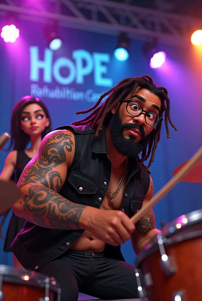 Animated muscular guy with tattoos wearing a black jacket, round face, reading glasses, long dreadlocks, playing drums, sitting at a concert in the background, the Hope Rehabilitation Center, and a fat fan girl dressed in black, a rocker in love with how he plays the drums 