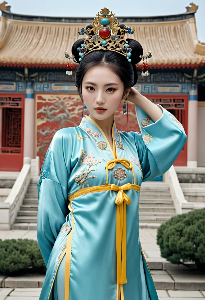 Stone letter M (pornographic pose) outside a Chinese palace during the Qing Dynasty A gorgeous Chinese courtesan with her hair tied on both sides A perverted and erotic woman wearing a crown and tying her hair is the backdrop for a gorgeous room of an empress in a Chinese court during the Qing Dynasty.