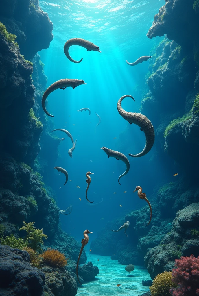 There are many eels and seahorses in the pool