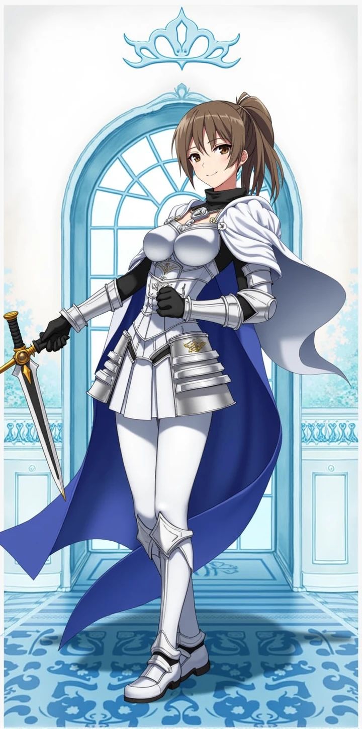Asuna, Asuna_(star), (1 girl,Alone) ,fancy, High resolution, the 19, original, (wear in a waist holster:1.3), smile, (white knight wizard long cape:1.5), short hair, medium breasts, looking at the viewer, hits ,detailed hazel brown eyes, beautiful background, ((morning sun,Western style private room.)), hands on chest,(Brown hair,short ponytail:1.5), (Platinum Knight Wizard Full Armor:1.55),short hair, standing,straight, abec,(Whole body:1.1), white thighs,(abec:1.4),
