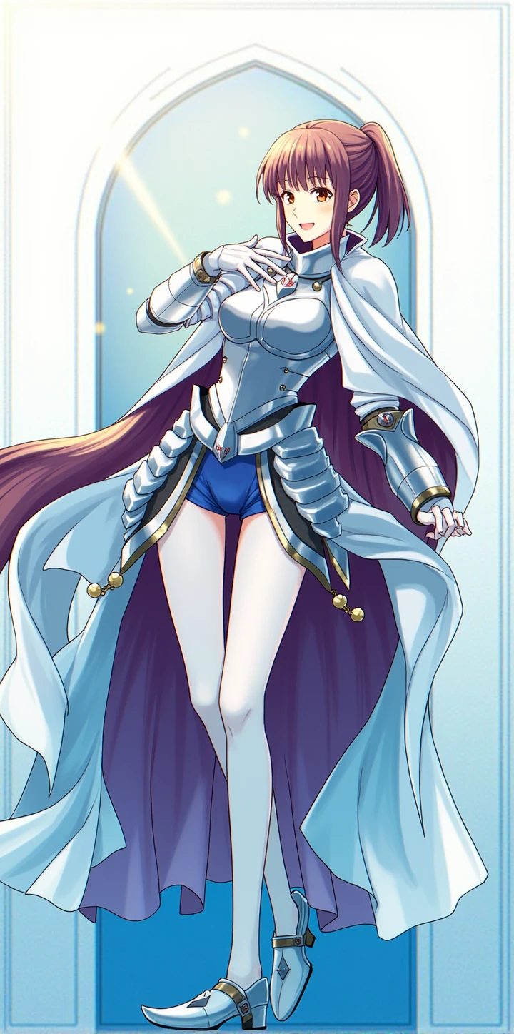 Asuna, Asuna_(star), (1 girl,Alone) ,fancy, High resolution, the 19,  original, (wear in a waist holster:1.3), smile, (white knight wizard long cape:1.5), short hair, medium breasts, looking at the viewer, hits ,detailed hazel brown eyes, beautiful background, ((morning sun,Western style private room.)), hands on chest,(Brown hair,short ponytail:1.5), (Platinum Knight Wizard Full Armor:1.55),short hair, standing,straight, abec,(Whole body:1.1), white thighs,(abec:1.4),