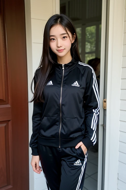 A high school girl who looks like an idol of the track and field club, wearing a long-sleeved black tracksuit and long pants, on the front porch