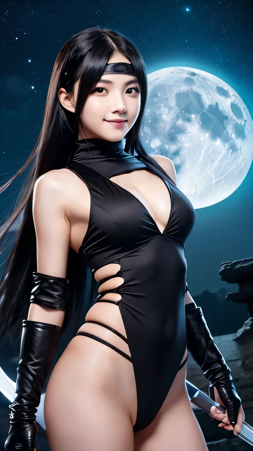Highest quality、Realistic、girl、zoom、Orange eyes、Black Hair、Ninja、A well-trained body、White shinobi costume、Sleeveless、thin、Dark Skin、Flat Chest、Inappropriate smile、Moonlit Night、Bust Shot、