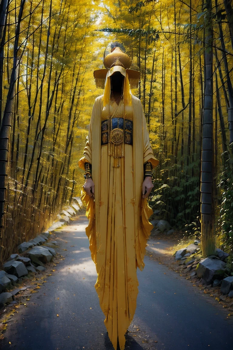 (Best Quality,ultra detailed),bright,ancient japanese deity,japanese traditional bamboo hat(fail),dense forest landscape,majestic and serene nature,sun shining brightly in the night sky,yellow tattered robes with fluorescent gold stripes that glow in the sunlight,long spiraling horns,palid mask on face,jewelry and golden bracelets,feminine body,lithe