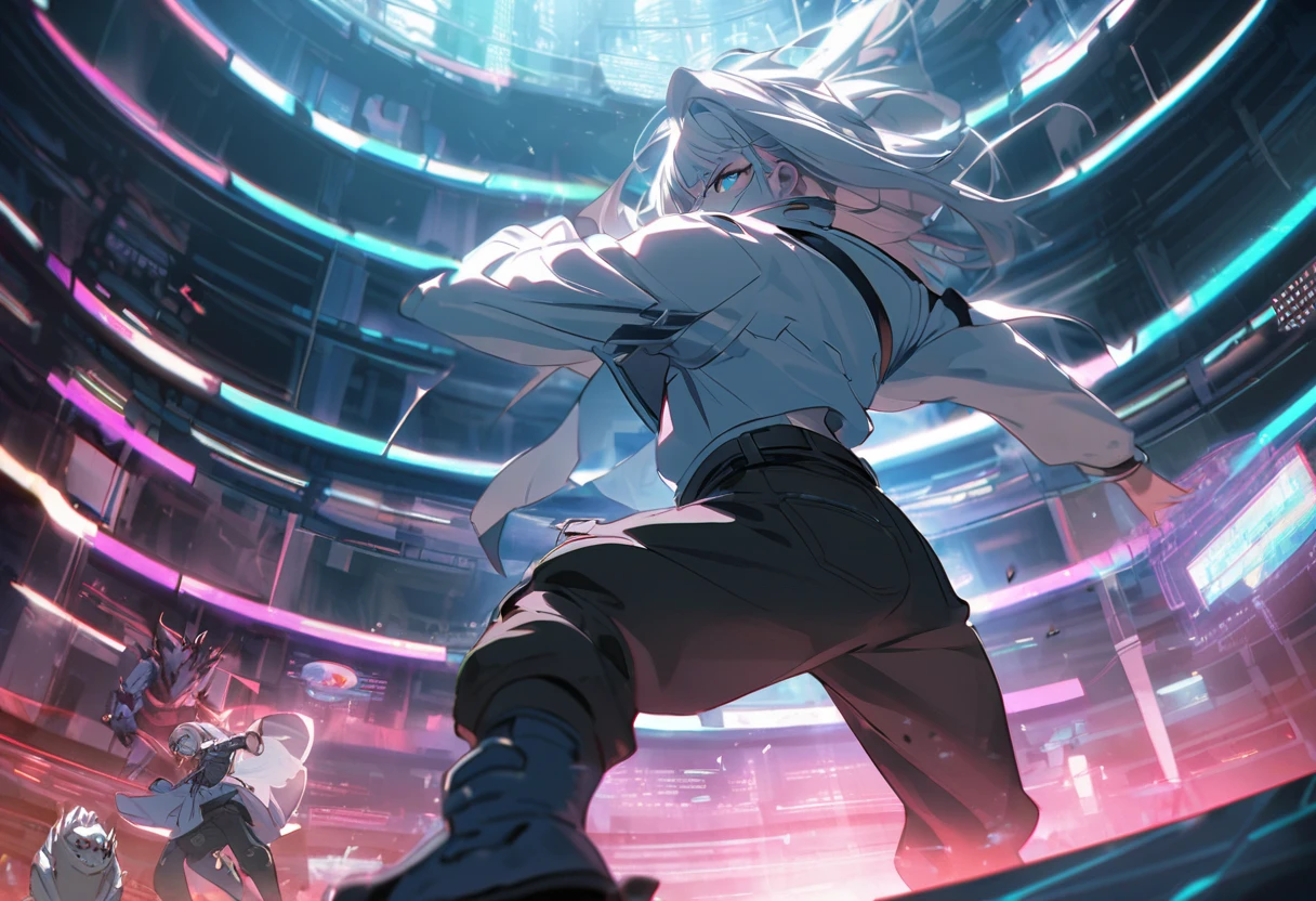 In a holographic arena, YuGiUh players call their monsters to do battle, one player strikes a dramatic pose as he calls out a Blue Eyes White Dragon! cyberpunk Tokyo, wildly over dramatic