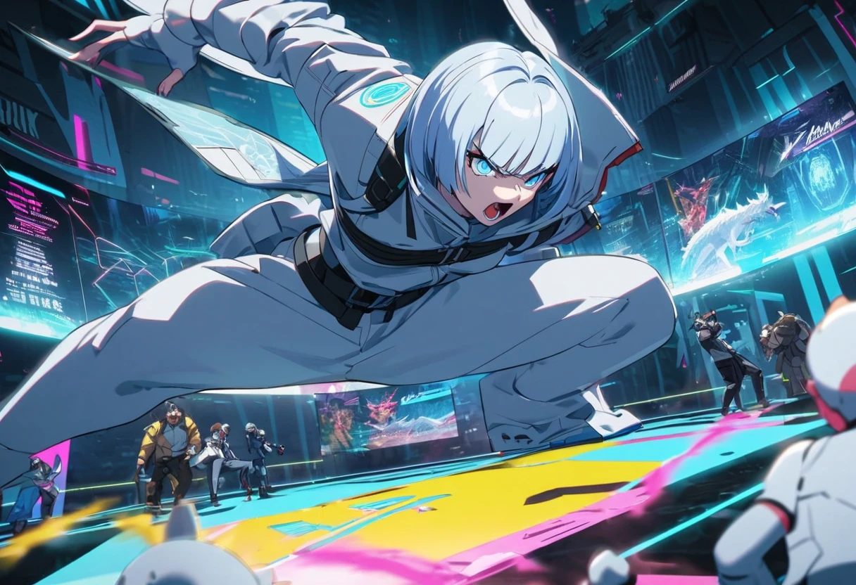 In a holographic arena, YuGiUh players call their monsters to do battle, one player strikes a dramatic pose as he calls out a Blue Eyes White Dragon! cyberpunk Tokyo, wildly over dramatic
