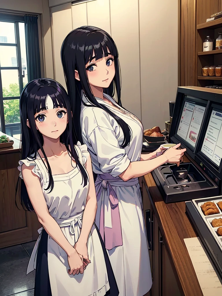 cafeteria、atmosfera tranquila、1 female(cafeteriaの店主、(looking 35 years old、woman like Hinata Hyuga married、Beauthfull:1.2)、the other side of the counter、Blue-black hair、tied up hair、Pearly eyes、offwhiteYchemise、Short apron)、ssmile、