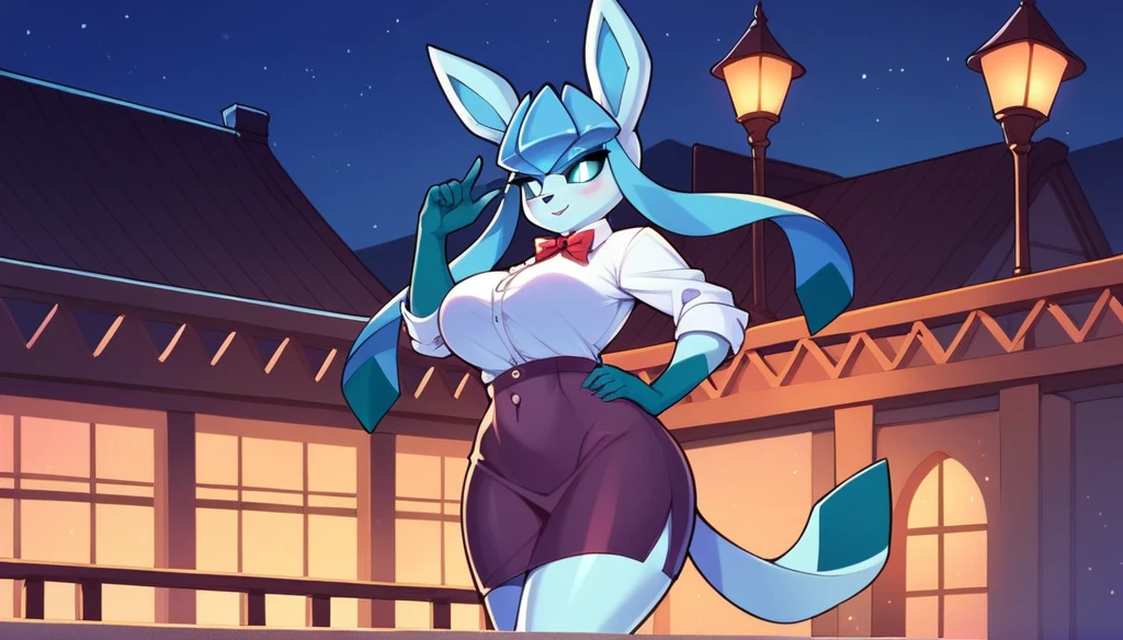 (solo) Anthropomorphic furry Glaceon, blue sclera, white eyes, long, holds her hand on her hip, stands against the background of European houses, night, night time, dark puwide dress, cutout on the skirt, slightly exposing one leg, Open neckline, large breasts, wide hips.
