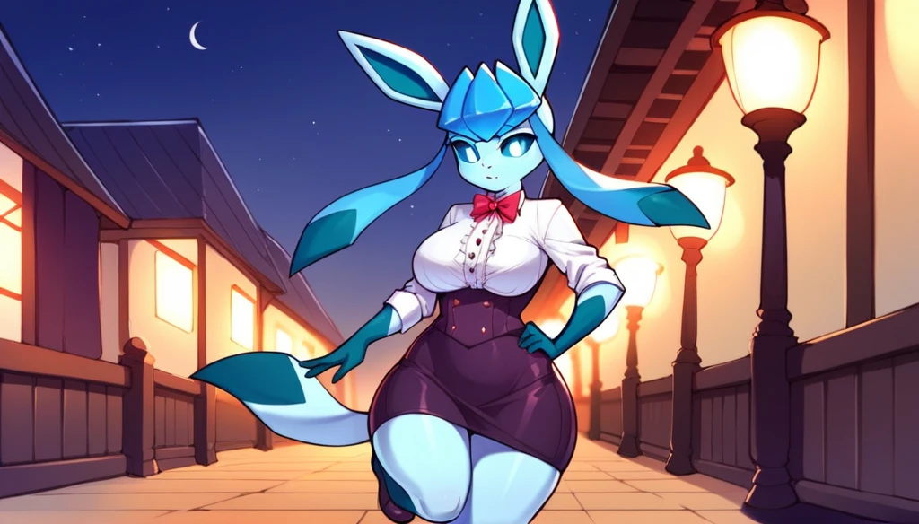 (solo) Anthropomorphic furry Glaceon, blue sclera, white eyes, long, holds her hand on her hip, stands against the background of European houses, night, night time, dark purple skirt, cutout on the skirt, slightly exposing one leg, Open neckline, large breasts, wide hips.