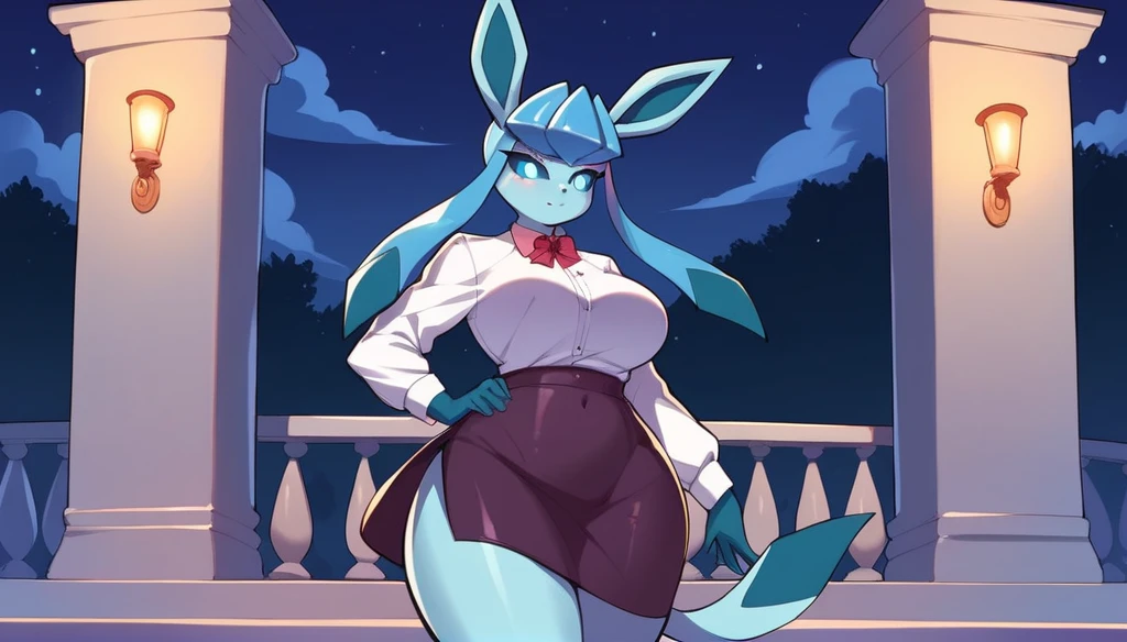 (solo) Anthropomorphic furry Glaceon, blue sclera, white eyes, long, holds her hand on her hip, stands against the background of European houses, night, night time, dark purple skirt, cutout on the skirt, slightly exposing one leg, Open neckline, large breasts, wide hips.