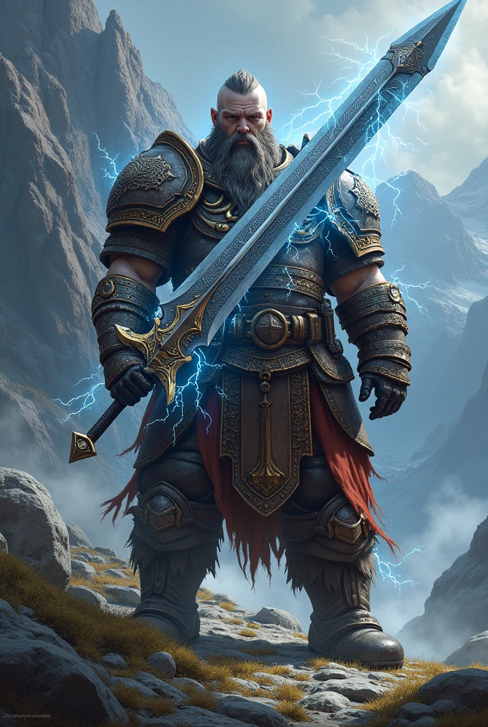 Create a fully armored, thick Dwarf warrior with a greatsword imbued with lightning magic