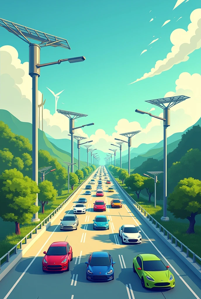 make a poster about road highway infrastructure using renewable energy street lights with solar panel and many electric car in there and many technolgy eco friendly and renewable energyn in there using an A4 poster image model and an old cartoon version