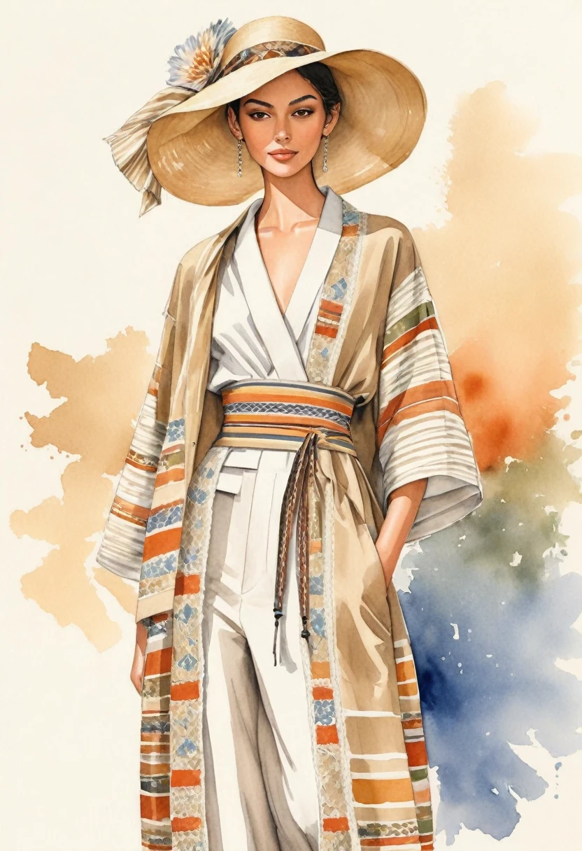 candid fashion illustration a group of young man and girl, aged 18-23 year old, tall and slender, Mixed race super model, ((showcase fashion in a cotton outfits inspired by designer Christian Dior resort collection)), in elegant modern Trible style with ((ethnic woven details)), natural dye Earth tone color. The 1st man wears an oversized shirt with Trible embroidery and lace details, paired with slim-fit Pants, semi hard bugle. The 2nd man complements him in a white and beige striped shirt, over side patchwork Yukata, paired with big striped short with drawstring, side entry pockets, completes the look with white sneakers and sunglasses. the woman wearing a long dress in cotton woven ethnic pattern detail, frill-trimmed with lace, Her ensemble includes a wide-brimmed straw hat, white sneakers. Captured all in a ((full-body pose)), ((pencil color mixed with water-color drawing style on white blank paper background)), realistic pencil lines, imperfect drawing, charcoal lines detail, fading sketch, fashion Sketching, fashion illustration, low angle view, (full body image), fashion sketching book.