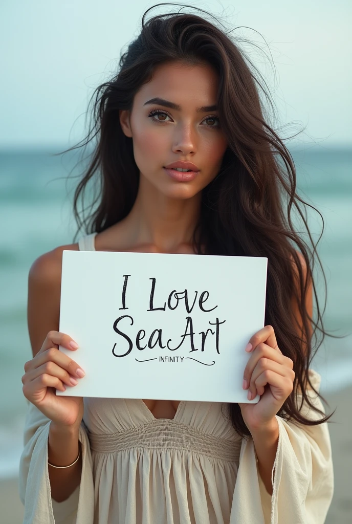 Beautiful girl with wavy long hair, bohemian dress, holding a white board with text "I Love Seaart Infinity" and showing it to the viewer