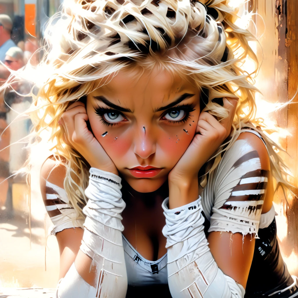 close-up streetwise blonde, white girl suntanned face with white pain stripes down from her eyes and war paint, dusty atmosphere, coffee shop window casings background, ultra detailed photographic realism oil art style, her arms crossed face and arms resting on table, ruff face, weary expression in her eyes,