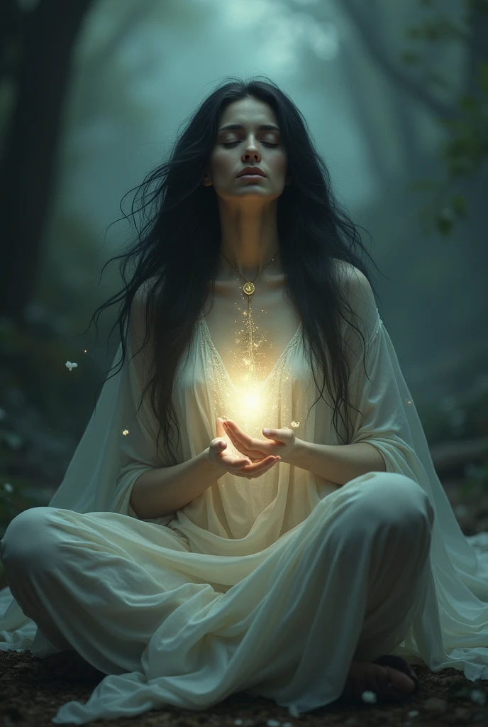 A mysterious woman with long black hair and her soul leaving her body