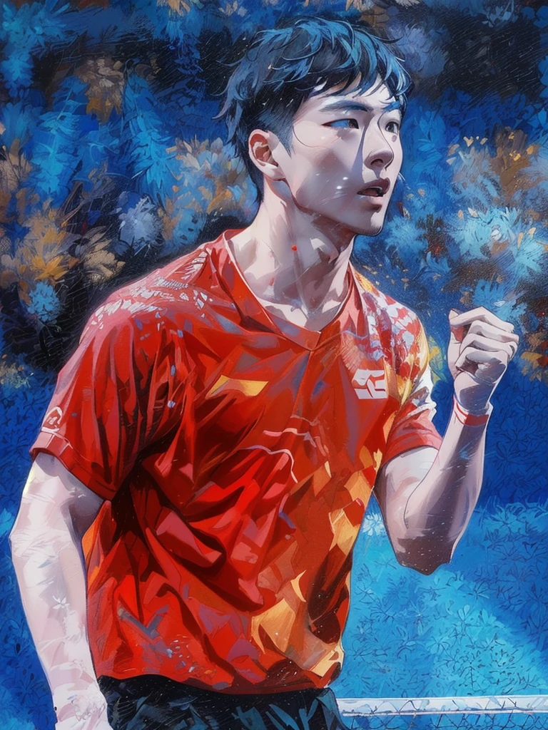 Alafed wearing a red shirt、Male tennis player holding a red racket, inspired by Ding Guanpeng, Inspired by Ding Yunpeng, Wenjun Lin, Inspired by Marlene, Inspired by Li Shixing, Yang Qi, jinyiwei, nanquan, heise jinyao, li zixin, inspired by Wang Zhongyu, lei jin, chengwei pan