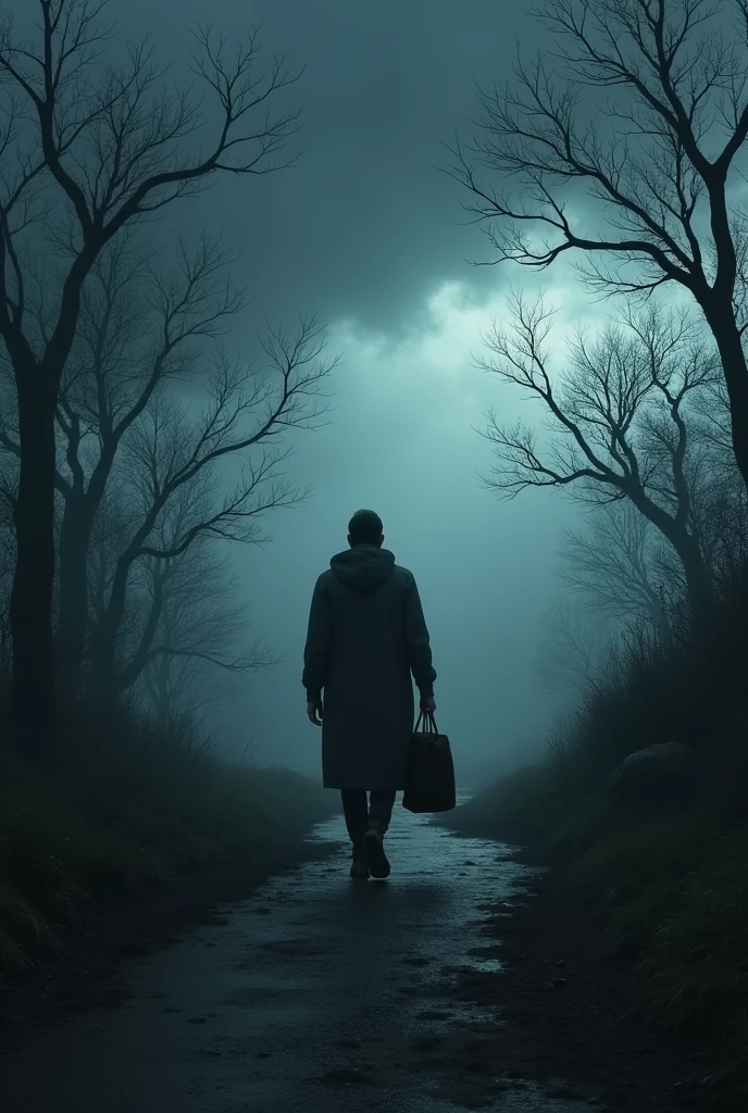 a lone figure with his back turned walking down a dark path surrounded by leafless trees with stormy clouds in the sky the person is carrying a bag symbolizing the inner journey and struggle ahead.