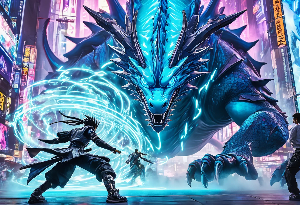 In a holographic arena, YuGiUh players call their monsters to do battle, one player strikes a dramatic pose as he calls out a Blue Eyes White Dragon! cyberpunk Tokyo, wildly over dramatic
