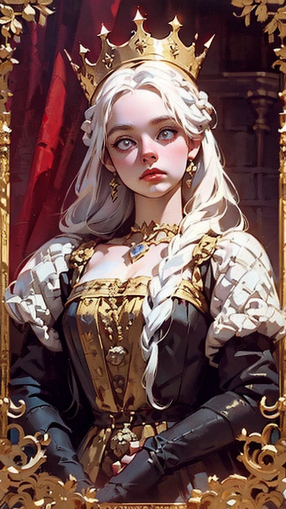 Beautiful albino woman with detailed braided medieval hairstyle (updo) (white hair) ,wearing detailed medieval gown (red and black colours), with gold accessories and gold tiara, medieval queen, medieval woman,queen,game of thrones style,daenerys targaryen style, high quality, very detailed,hd quality, masterpiece