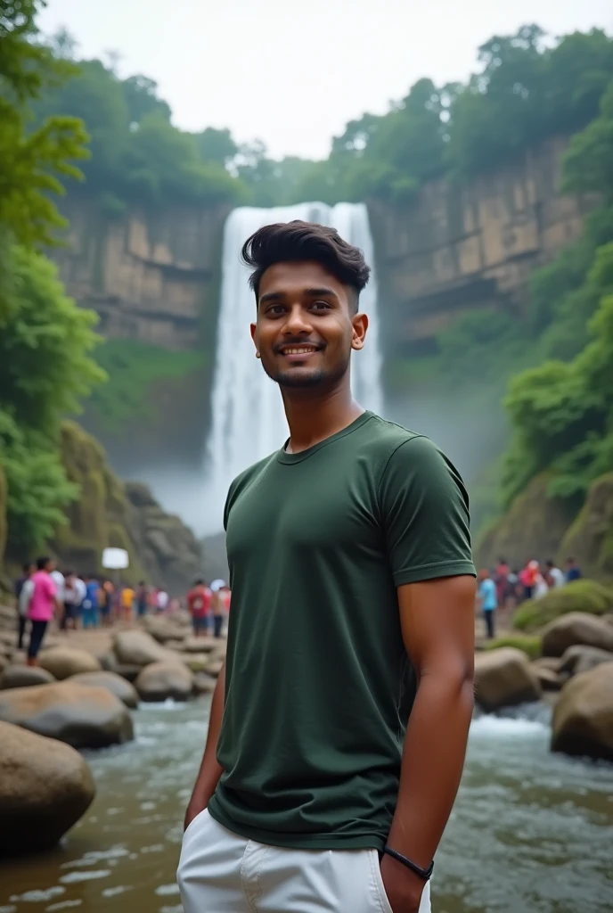 He is standing in the background of Kerala in Athirappalli Falls looking back It has some granite rocks of its own and many people in the background and this sentence is written in the background his age is 28,Dark green t-shirt and white pants,"Looks like you're looking for me. If you want to know about me, you can message me" A text like this should appear in the background