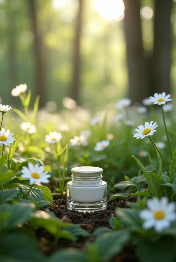 no humans,flower,depth of field,depth of field,leaf,scenery,nature,white flower,realistic,plant,still life,grass,outdoors,bottle,Realistic product commercial blockbuster,with white flowers in the background a jar of liquid makeup rests in the forest,in the style of photorealistic renderings,terragen