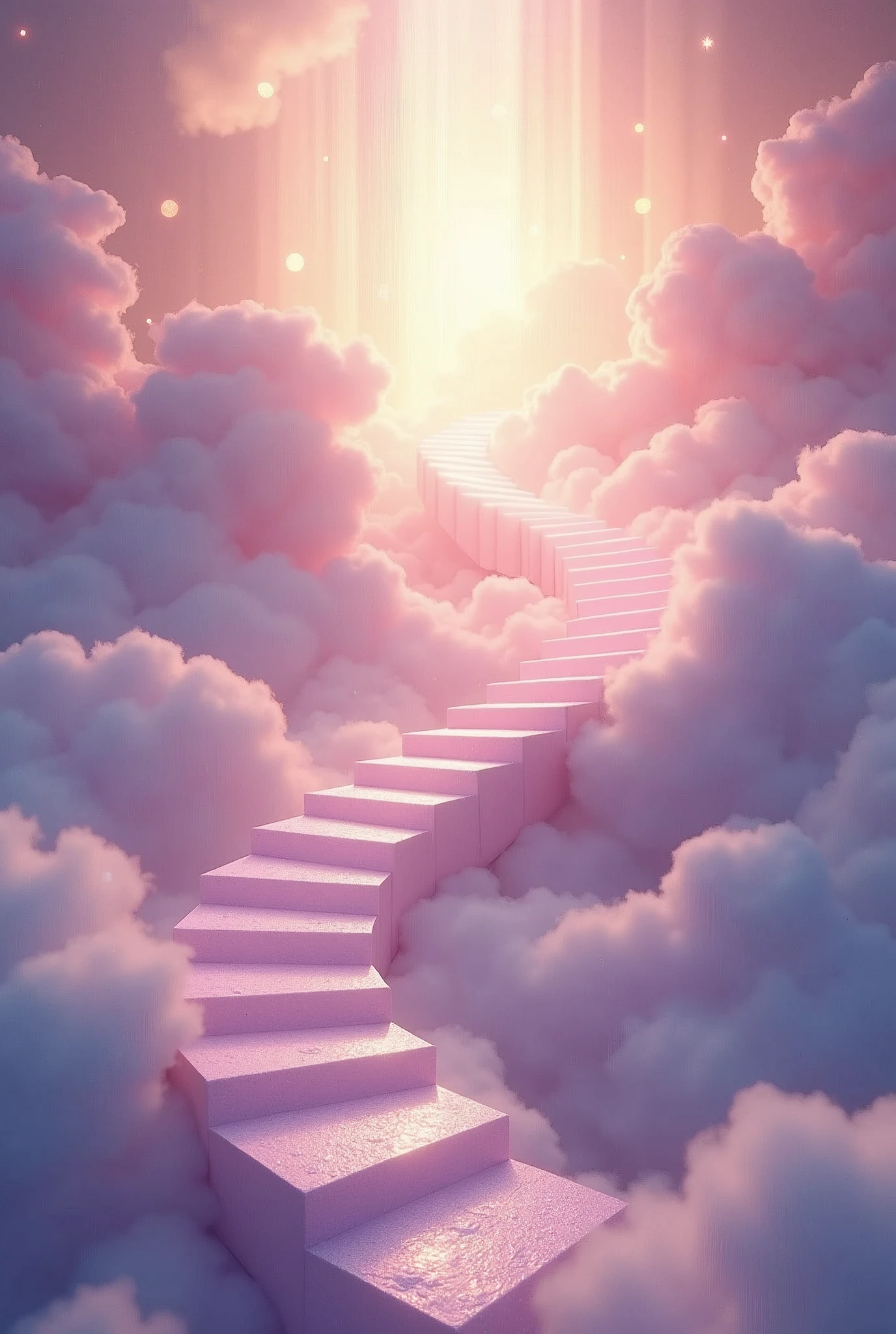 A highly surreal and ethereal scene featuring a winding staircase leading up into the clouds. The stairs are surrounded by soft, pastel-colored clouds, primarily in shades of pink, light purple, and hints of gold, creating a dreamy, fantastical atmosphere. The staircase appears to ascend infinitely, disappearing into a bright, heavenly light at the top, which is adorned with sparkling stars and glimmers. Rays of sunlight and magical light beams filter through the clouds, adding to the divine and otherworldly feel of the image. The overall mood is extremely peaceful, enchanting, and awe-inspiring, evoking a strong sense of wonder and serenity.