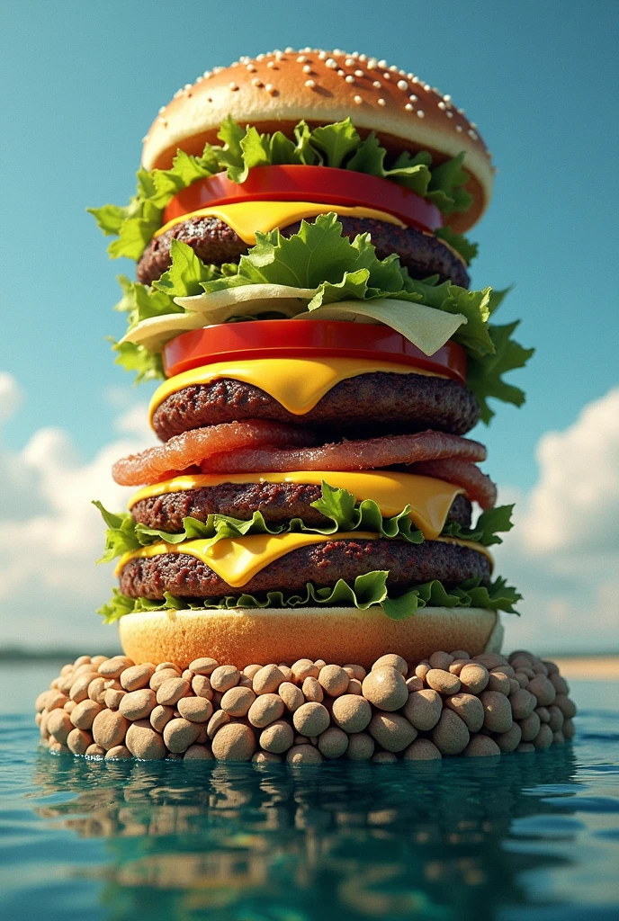 a double triple kangreburger on a raft decorated with luxury 4x4 animal style pebbles extras with vibration squeezed axle with light grease make it cry burn it and let it swim.