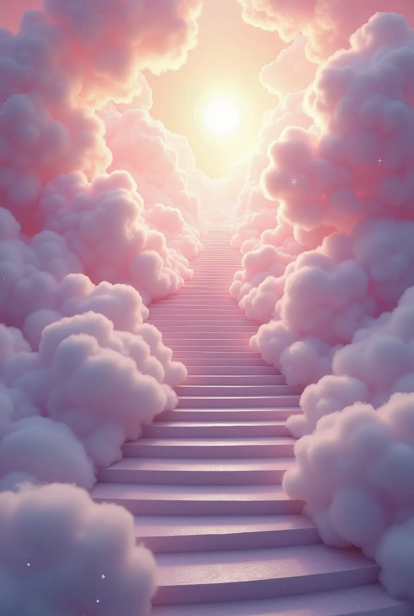 A highly surreal and ethereal scene featuring a winding staircase leading up into the clouds. The stairs are surrounded by soft, pastel-colored clouds, primarily in shades of pink, light purple, and hints of gold, creating a dreamy, fantastical atmosphere. The staircase appears to ascend infinitely, disappearing into a bright, heavenly light at the top, which is adorned with sparkling stars and glimmers. Rays of sunlight and magical light beams filter through the clouds, adding to the divine and otherworldly feel of the image. The overall mood is extremely peaceful, enchanting, and awe-inspiring, evoking a strong sense of wonder and serenity.