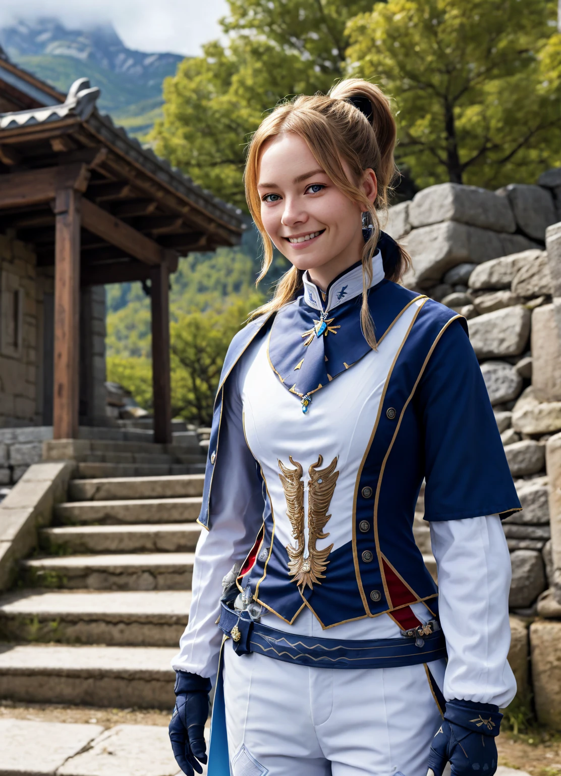  upper body, smile, blush, outdoors, day, simple background, blue sky, ponytail, sky, temple, looking at viewer, stairs, mountain, moody lighting, favonious uniform, 