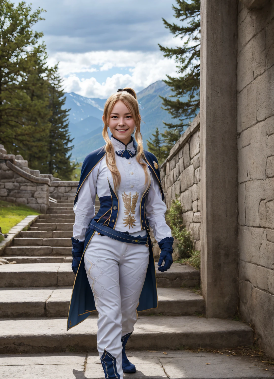  upper body, smile, blush, outdoors, day, simple background, blue sky, ponytail, sky, temple, looking at viewer, stairs, mountain, moody lighting, favonious uniform, 