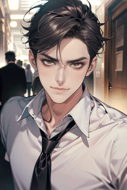 (tmasterpiece, high resolution, ultra - detailed:1.0), (1 boy, Young male, masculine face), Perfect male body, tall and strong, Adult male, Delicate eyes and delicate face, Extremely detailed CG, Unity 8k wallpaper, Complicated details, Detailed face, (gray black hair, messy hair, serious faces, white shirts,Bad students), (frown,evil smile:1.3), stad in school corridor, street style, color difference, Depth of field, dramatic shadow, Ray tracing, Best quality, Cinematic lighting, offcial art,Portrait