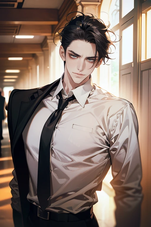 (tmasterpiece, high resolution, ultra - detailed:1.0), (1 boy, Young male, masculine face), Perfect male body, tall and strong, Adult male, Delicate eyes and delicate face, Extremely detailed CG, Unity 8k wallpaper, Complicated details, Detailed face, (gray black hair, messy hair, serious faces, white shirts,Bad students), (frown,evil smile:1.3), stad in school corridor, street style, color difference, Depth of field, dramatic shadow, Ray tracing, Best quality, Cinematic lighting, offcial art,Portrait