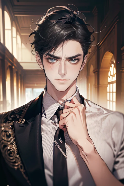 (tmasterpiece, high resolution, ultra - detailed:1.0), (1 boy, Young male, masculine face), Perfect male body, tall and strong, Adult male, Delicate eyes and delicate face, Extremely detailed CG, Unity 8k wallpaper, Complicated details, Detailed face, (gray black hair, messy hair, serious faces, white shirts,Bad students), (frown,evil smile:1.3), stad in school corridor, street style, color difference, Depth of field, dramatic shadow, Ray tracing, Best quality, Cinematic lighting, offcial art,Portrait