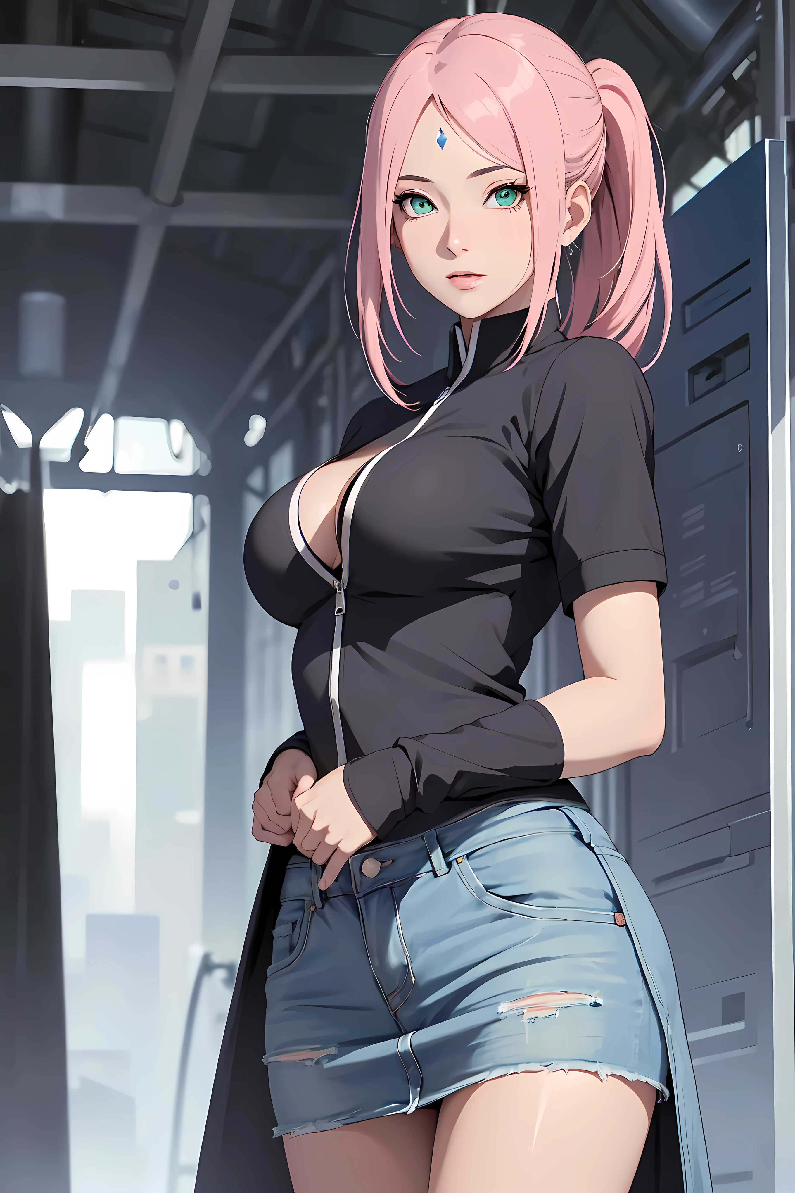 (best quality)), ((masterpiece)), (detailled), perfect face((best quality)), ((masterpiece)), (detailled), perfect face(best quality)), ((masterpiece)), (detailled), perfect face(best quality)), ((masterpiece)), (detailled), perfect face,stunning realistic, photorealistic, Photorealism, 1 girl sakura Haruno,pink hair, long hair, ponytail, green eyes,dark blue diamond on the forehead,standing in a tent,arms behind back,sexy body,middle large breasts,open jacket, denim skirt