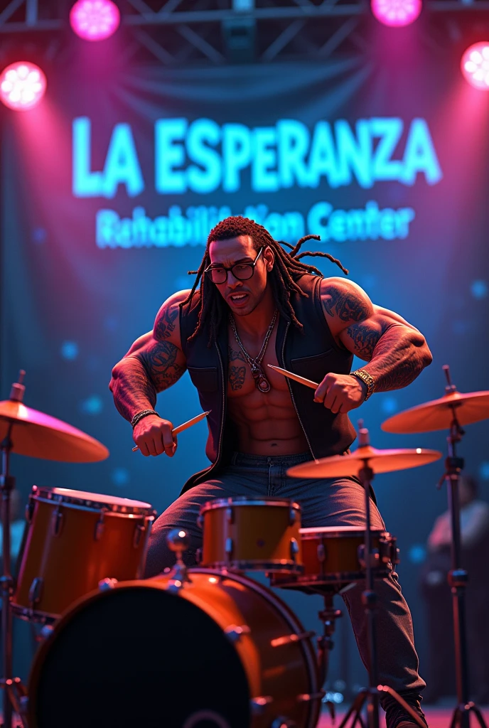 Animated muscular guy with tattoos wearing a black jacket with a round face and reading glasses with long dreadlocks playing drums sitting at a concert with the background saying "La Esperanza Rehabilitation Center"