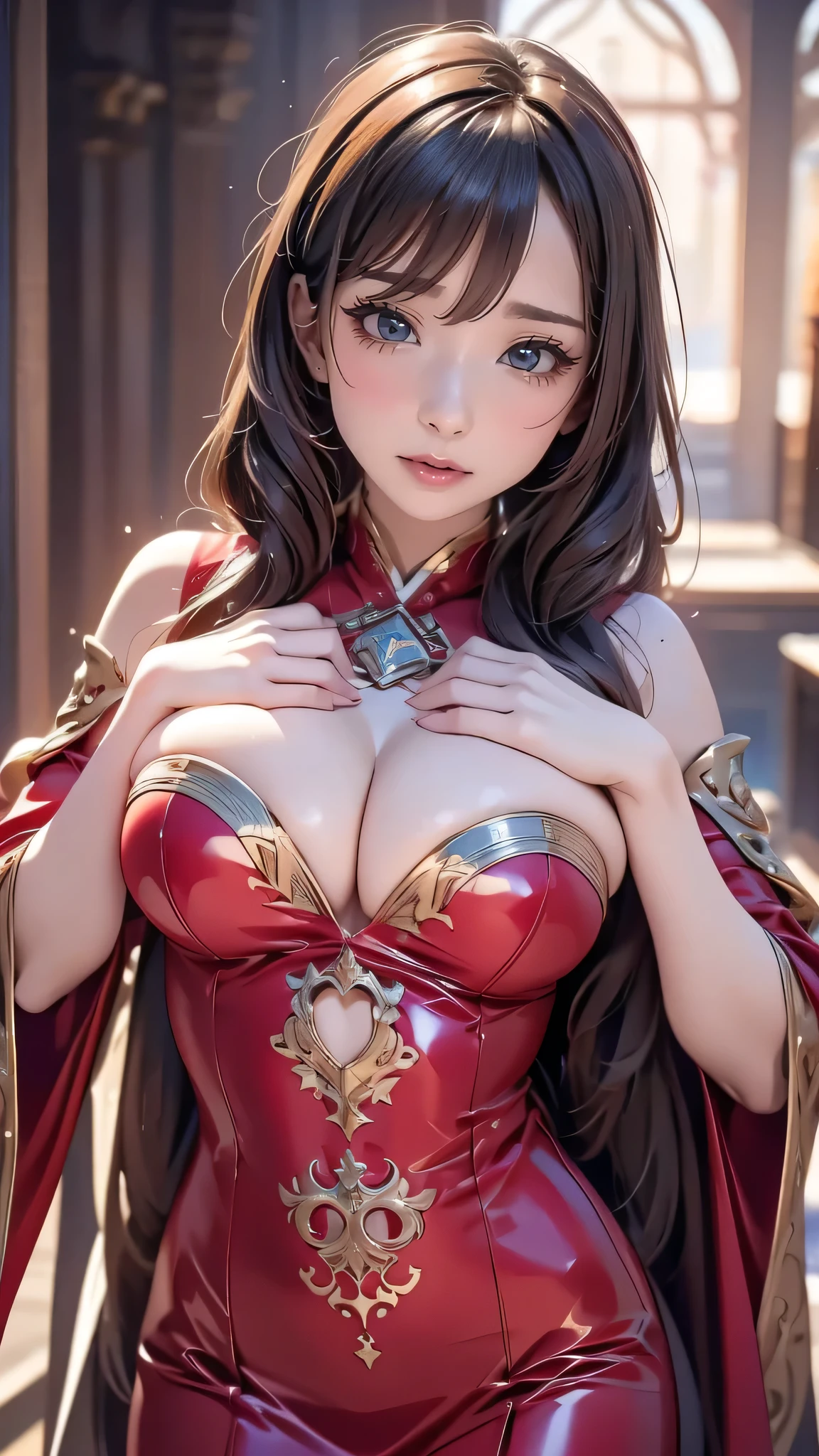 photorealistic, high resolution, soft light,mature women, solo, hips up, shining skin, (detailed face),tattoo, jewelry, winter hanfu, cloak, snow, night, white wavy hair, Beautiful Soldier, Eyes That Invite Viewer, Lover's Perspective, Inviting Expression, Sexy Smile, Perfect Style, Perfect Balance, Detailed Skin, Naughty Gaze, Chest Visible, red dress, glasses, latex, big breast