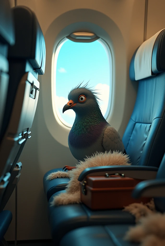 A cinematic photo of an orange pigeon-boy sitting nervously on an airplane seat. His furry pigeon eye and whiskers give him a unique appearance, and his wide-eyed expression conveys his fear. The airplane seat is adorned with a small suitcase and a fluffy blanket, while the window shows a view of the vast sky, conceptual art, illustration, fashion, cinematic, 3d render