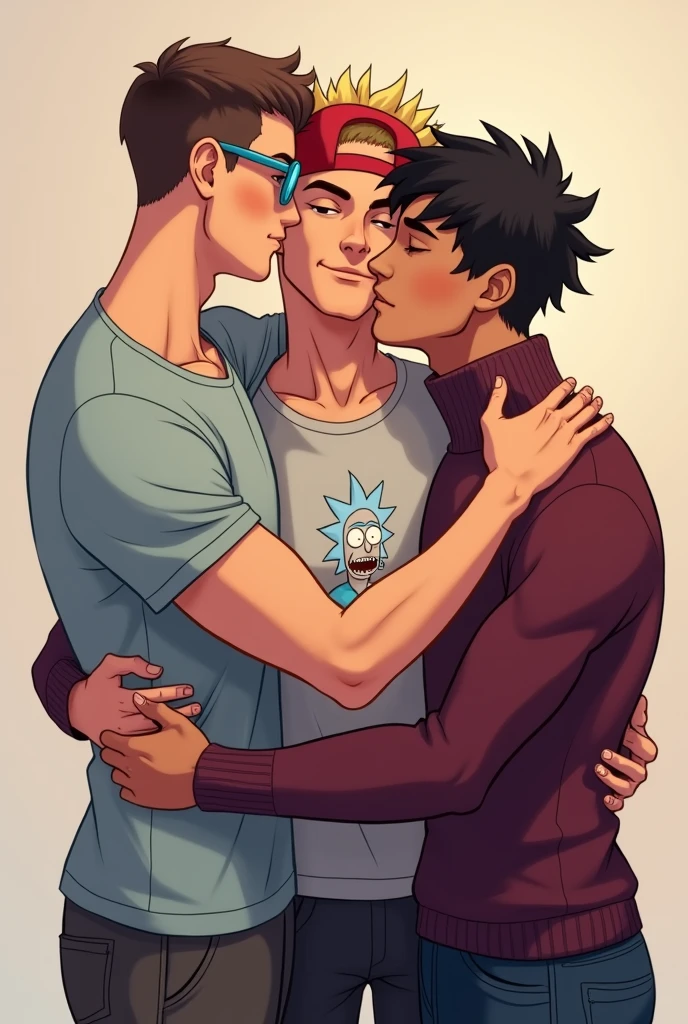 3 fit toned guys in love hugging eachother. anime style
1st is on the left, he is 5.8 feet tall, short haircut dark brown buzzcut hair, and blue rounded glasses. Big forehead.
2nd guys is in the middle, 6 feet tall, he wears a red cap backwards, and wears a rick and morty t-shirt. This one is blonde
the 3rd guy on the right, has black hair. he is 5.7 feet tall, wearing a wine turtle neck sweater