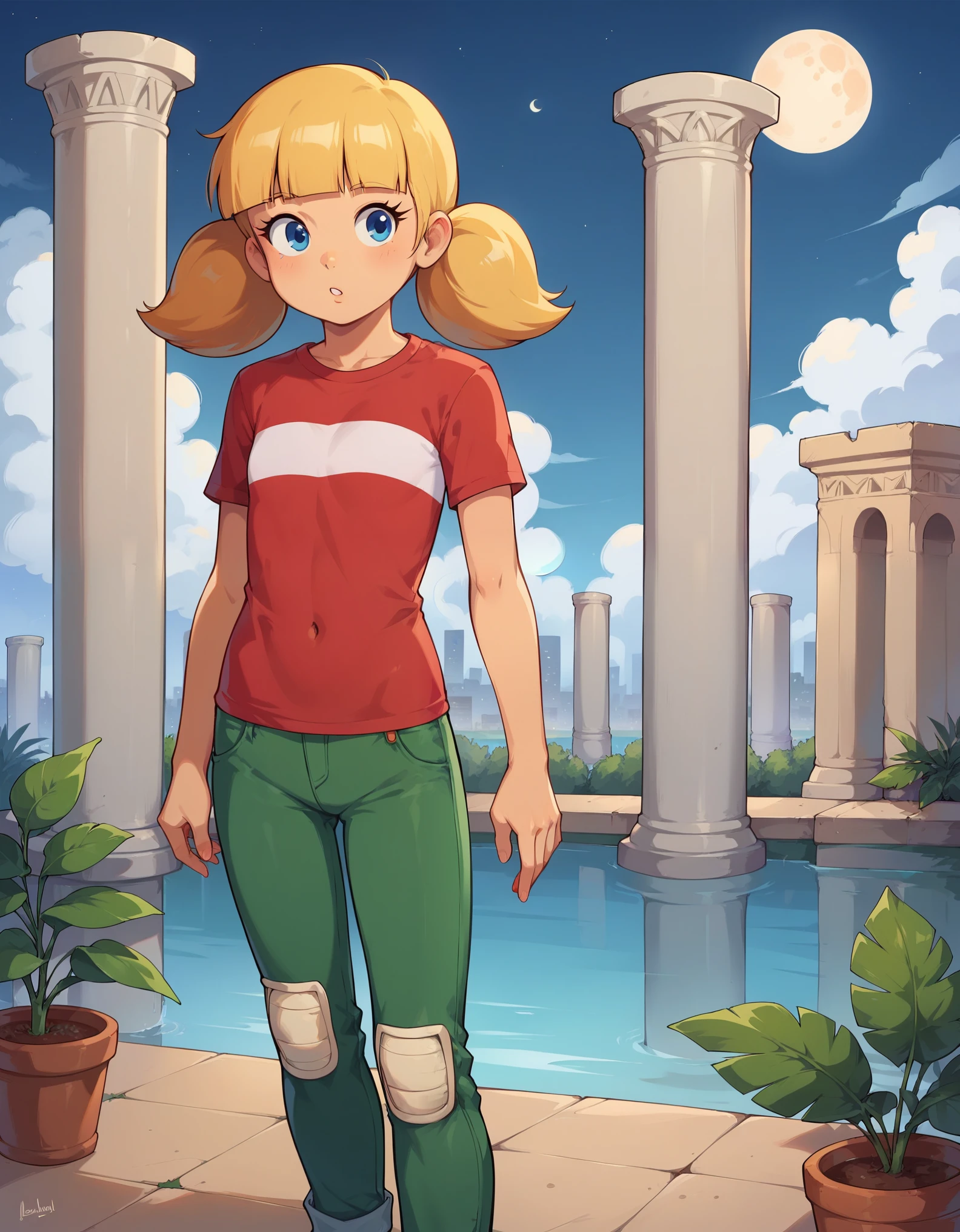 score_8, score_8_up, score_7_up, score_6_up, sgstyle, BREAK, 1girl, solo, female focus, 1girl, penny_ig, blonde hair, twintails, blue eyes, red shirt, stripe, pants, knee patch, flat chest, standing, BREAK hieroglyps, moon, obelisk, pillar, plants, pond, sky, stars, skyline