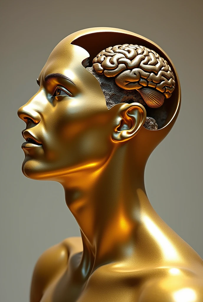 Gold statue of inside mans head dreaming about money 