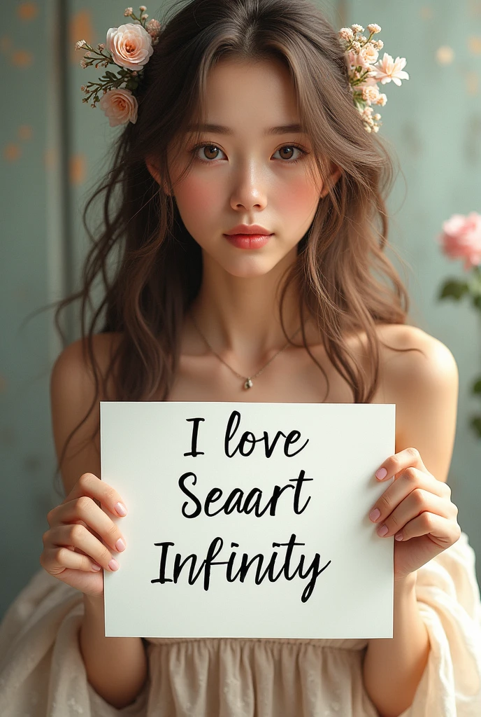Beautiful girl with wavy long hair, bohemian dress, holding a white board with text "I Love Seaart Infinity" and showing it to the viewer