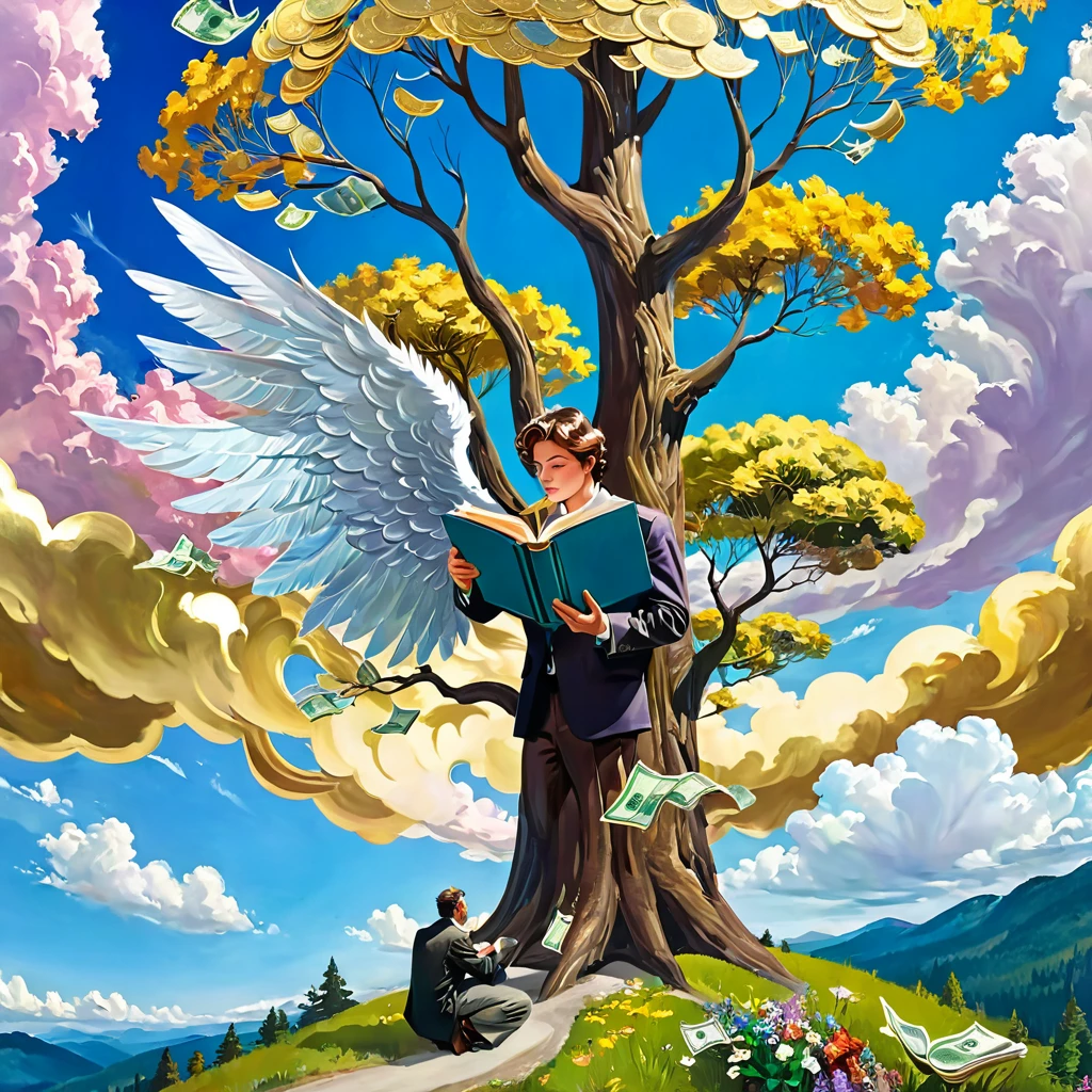 A man in a deep of thought bubble of very creative unique stuff of many different ideas. Clouding view of rare fantastic places surrounded by a tree of forest, gold, silver, animal and different types of flowers. flying book having wing, flying money. The sky has two different and interesting colors.