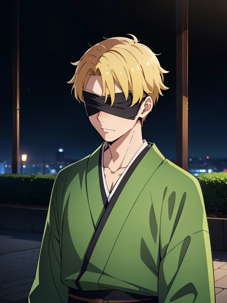 1boy, blind fold, blonde undercut hair, green kimono, villain, sad, lonely , park, night, katana, winter, kimetsu no yaiba