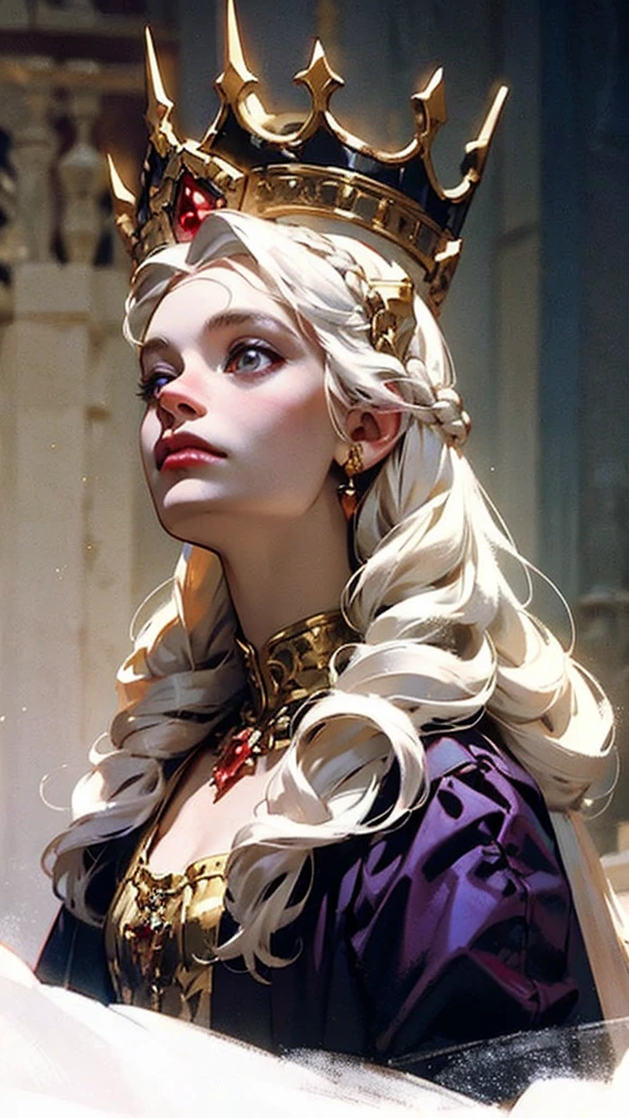 Beautiful albino woman with detailed braided medieval hairstyle (updo) (white hair) ,wearing detailed medieval gown (red and black colours), with gold accessories and gold tiara, medieval queen, medieval woman,queen,game of thrones style,daenerys targaryen style, high quality, very detailed,hd quality, masterpiece 