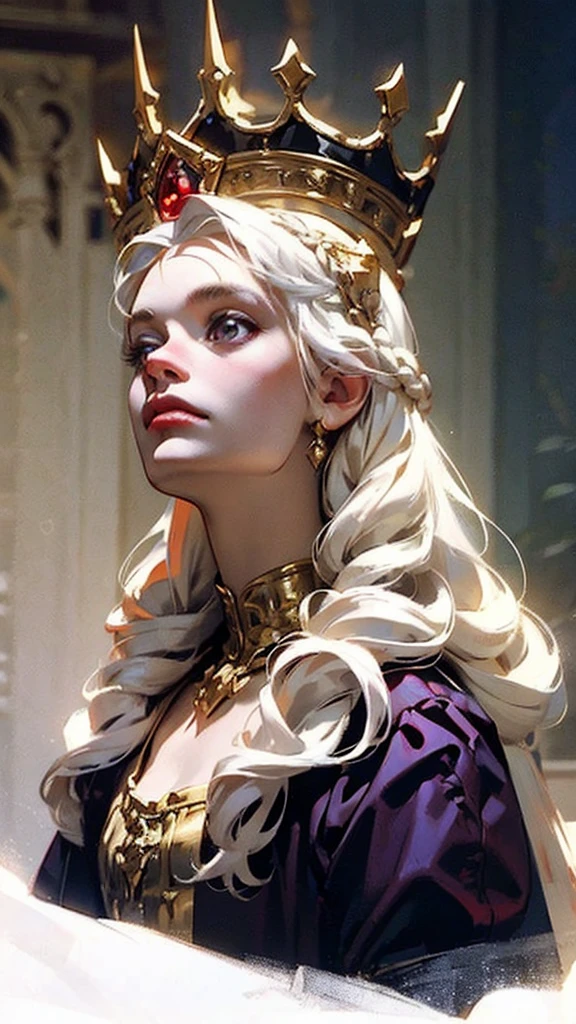 Beautiful albino woman with detailed braided medieval hairstyle (updo) (white hair) ,wearing detailed medieval gown (red and black colours), with gold accessories and gold tiara, medieval queen, medieval woman,queen,game of thrones style,daenerys targaryen style, high quality, very detailed,hd quality, masterpiece