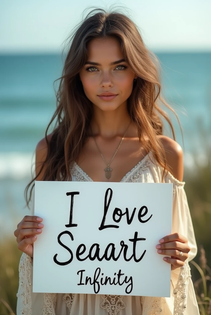 Beautiful girl with wavy long hair, bohemian dress, holding a white board with text "I Love Seaart Infinity" and showing it to the viewer