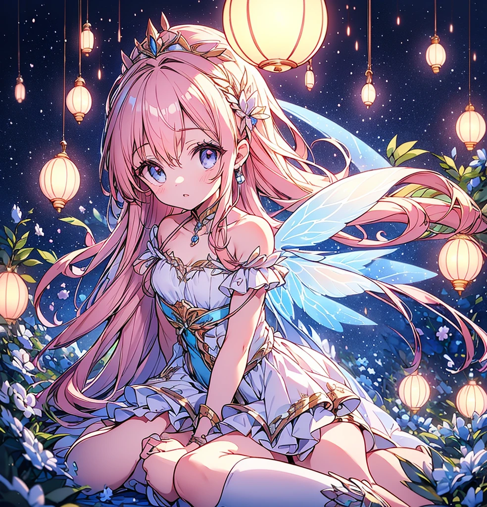 (Exquisite and beautiful、A masterpiece with attention to detail, High quality and high resolution),(A cute and delicate illustration of a beautiful girl with a clear and pure face drawn with thin lines and pastel colors),Background of beautiful flying sky lanterns in the sky on a sparkling starry night、A fairy flying happily in the sky,A fairy with beautiful fairy wings growing from its back, Wearing a frilly dress with an open neckline and knee-high socks decorated with lace, Ruffles and ribbons, corset.,She is wearing a tiara, necklace, Earrings and bracelets.,(Fair skin, A fairy with pale pink cheeks and short eyebrows, A small toothless mouth and plump pink lips, Beautiful Eyes, And quite large, Fluffy bust.),Lanterns fly up into the sky and the moon, You can see stars and shooting stars,Vibrant watercolor colors, Striking colors, Dynamic angle,Cute Dream,